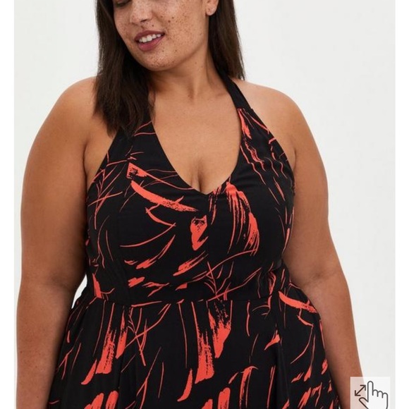 HALTER SKATER MINI DRESS - CHALLIS BLACK LEAF - Picture 4 of 5